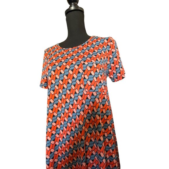 LuLaRoe LLR Carly Dress Size XS Blue/orange geo pattern short sleeved hi/lo cut - Picture 2 of 6